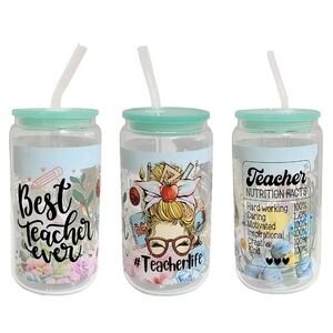 Best Teacher Glass Tumbler Cup 16oz Blue Design